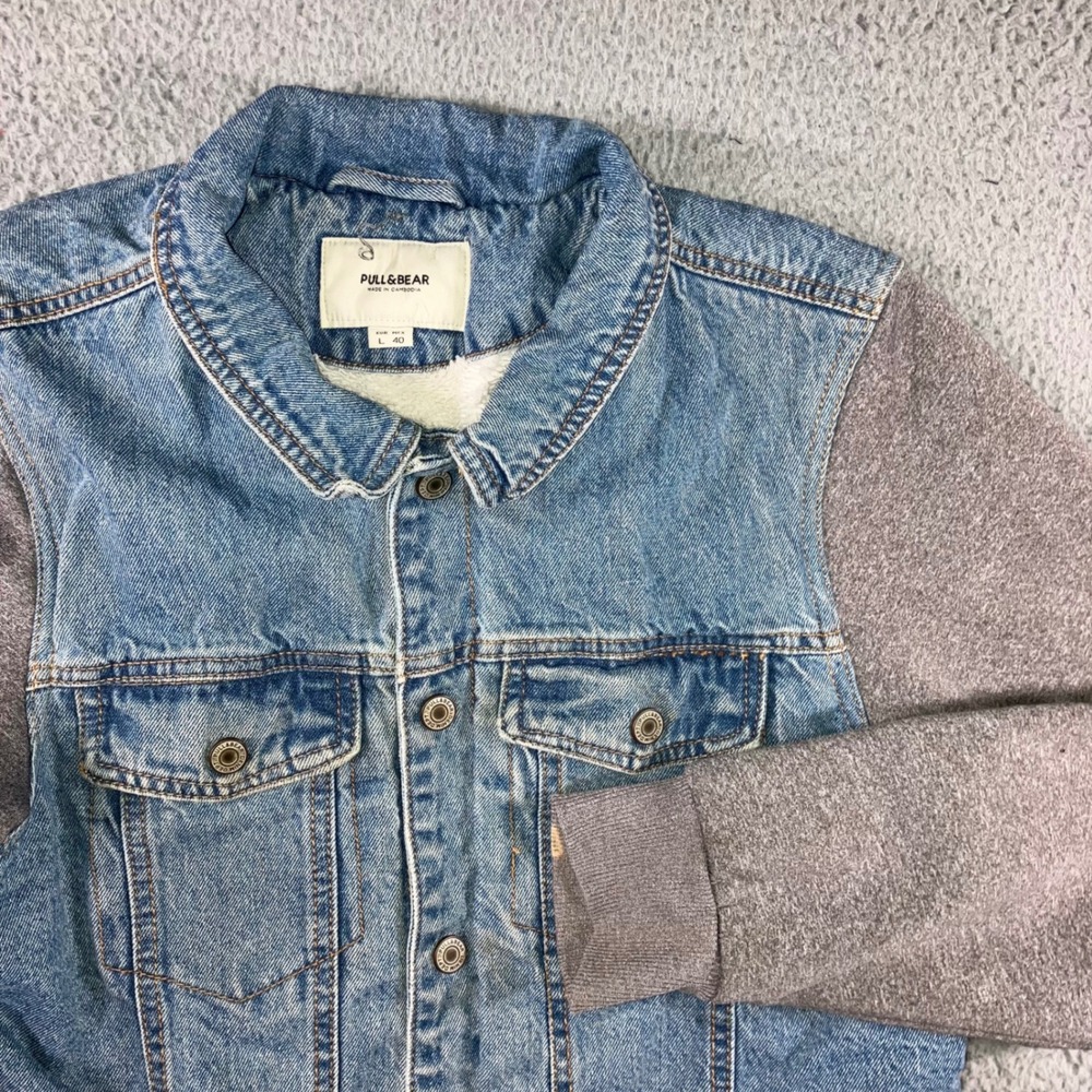 Pull&Bear Denim Jacket Men L Blue Gray Mixed Media Shearling Lined Trucker‎